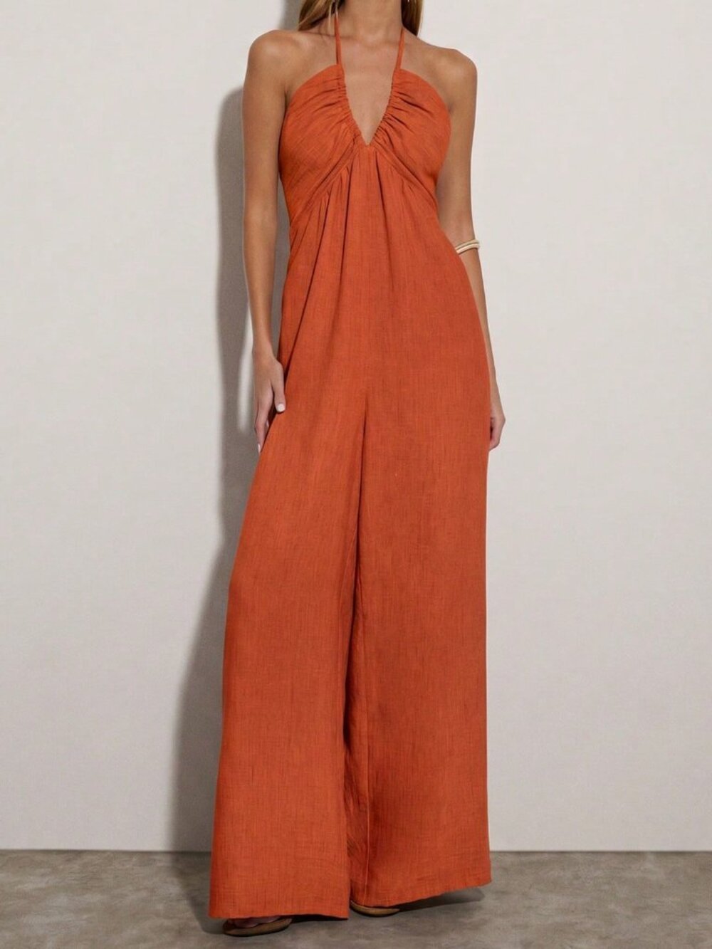Rust Brown Elegant Women's Pleated Casual Halter Neck Jumpsuit